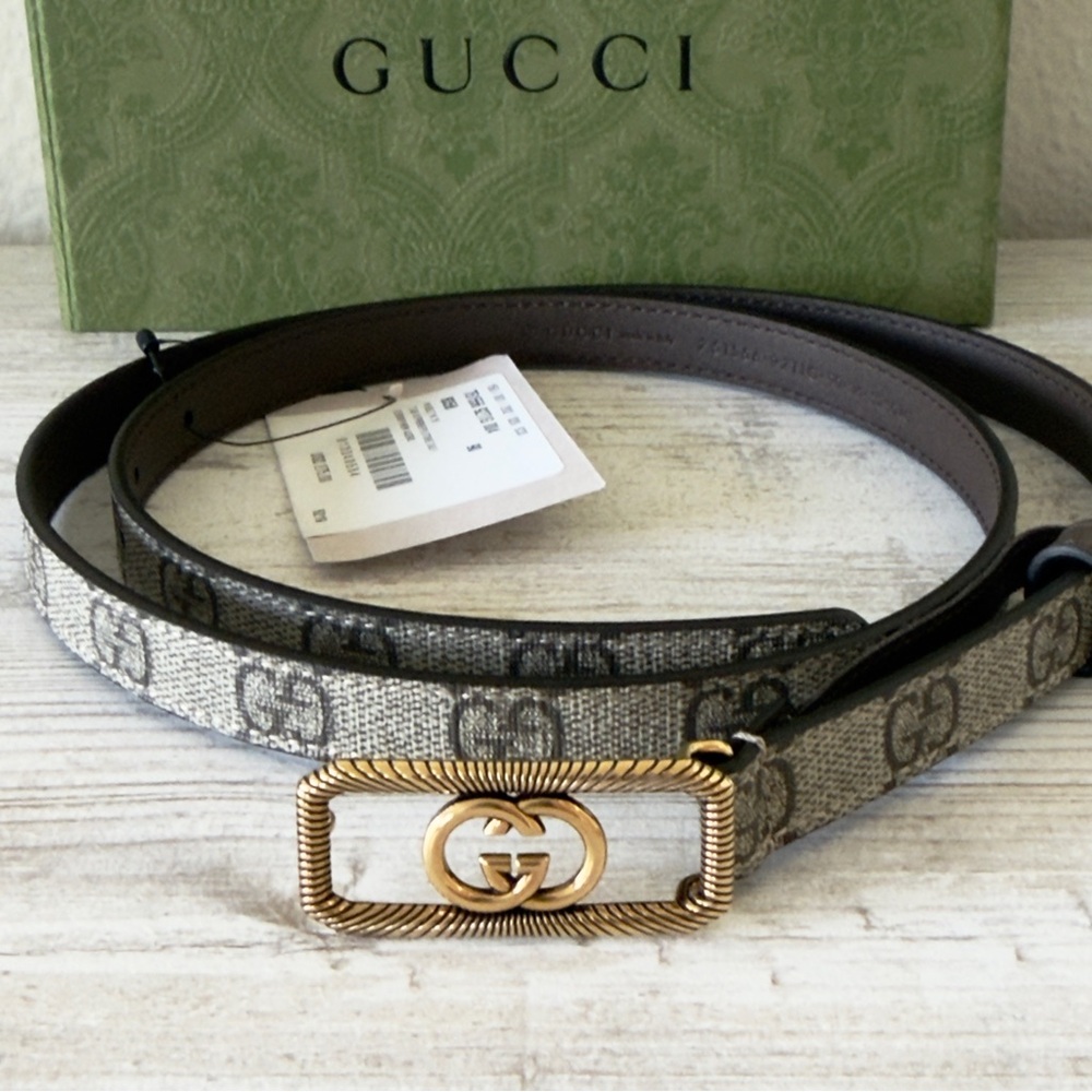 New Gucci GG Supreme canvas leather women belt Interlocking G buckle size 90cm